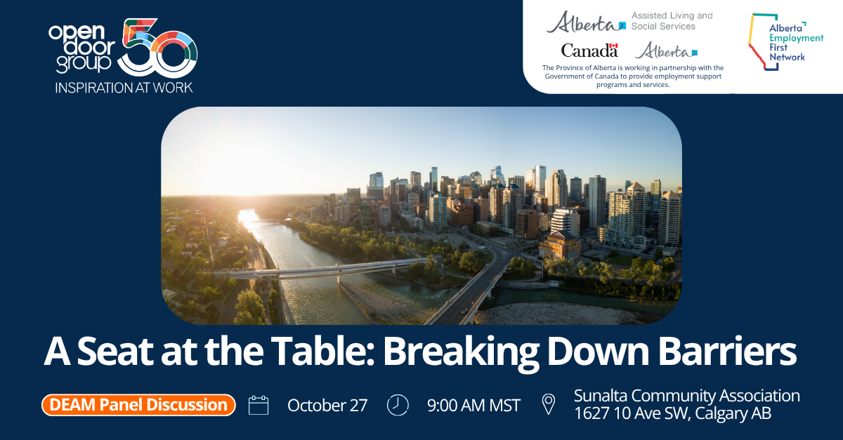 Image of downtown calgary. Information about the upcoming DEAM event, a seat at the table: breaking down barriers. DEAM panel discussion. October 27th, 2026 at 9:00 AM MST. Location: Sunalta Community Association.